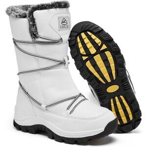 Women’s White Wheat Strip Waterproof Snow Boots Mid-Calf Faux Fur Lined Non-Slip